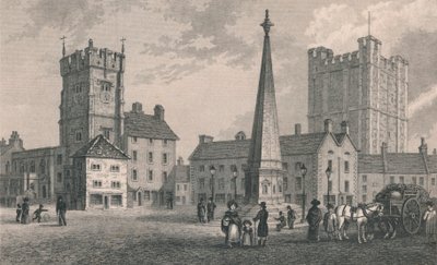 Market Place Richmond, Trinity Church och Keep of Richmond Castle, 1831 av John Shury