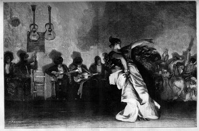 El Jaleo - Gypsy Dances. Gitarrister och flamencodansare. Gravyr efter målningen av John Singer Sargent (1856-1925) i "" The Illustrous World"" nr 1335 den 28 oktober av John Singer (after) Sargent