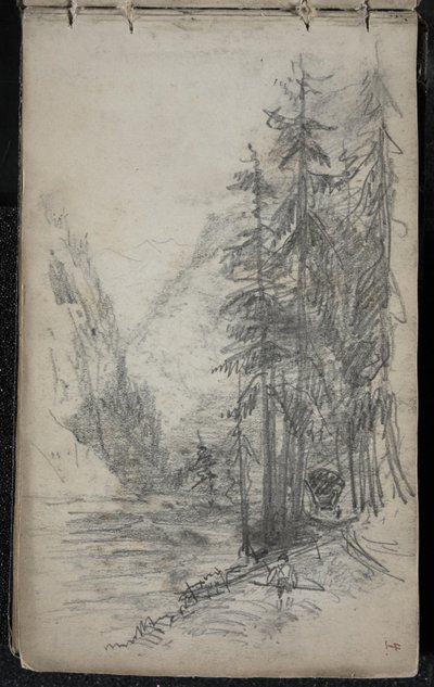 Bergslandskap med träd, 1871-72 (grafit på mörkt benvitt vävt papper) av John Singer Sargent