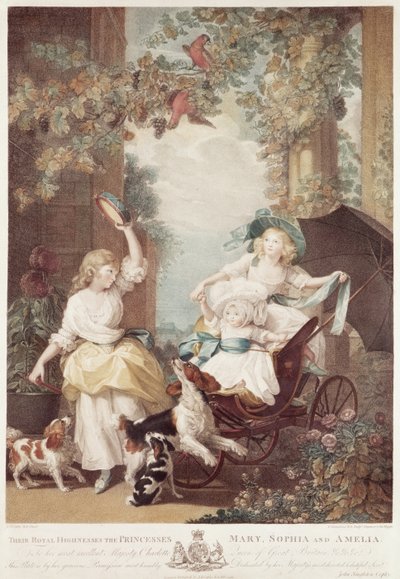 Prinsessorna Mary (1776-1857), Sophia (1777-1848) och Amelia (1783-1810), döttrar till Georg III, graverad av Francesco Bartolozzi (1727-1815) (mezzotintgravyr) av John Singleton Copley