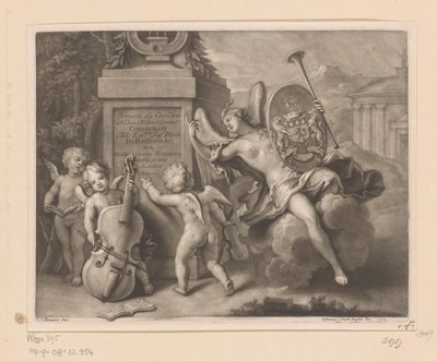 Änglar med musikinstrument vid ett monument av John Smith