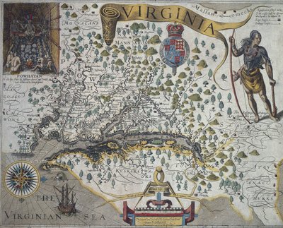 Karta över Virginia: Infälld bild (överst till vänster) som visar interiören i indianhövdingen Powathans hydda, av John Smith (1580-1631) av John Smith