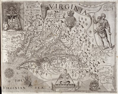 Karta över Virginia, upptäckt och beskriven av kapten John Smith, 1606, graverad av William Hole (fl. 1607-24), publicerad 1612 (se även 174212) av John Smith 2