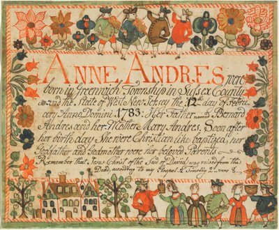 Anne Andres födelse- och dopbevis av John Spangenberg
