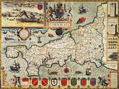 Karta över Cornwall från "Theatre of the Empire of Great Britain", pub. i London av George Humble, 1627 års upplaga (handfärgad gravyr) av John Speed
