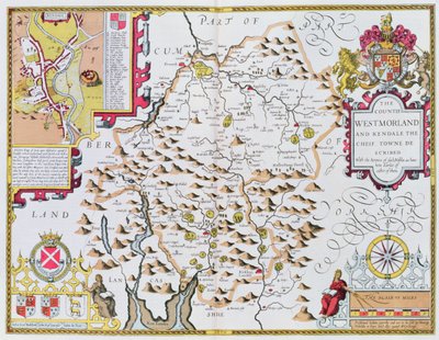Grevskapet Westmorland, graverat av Jodocus Hondius (1563-1612) från John Speeds Theatre of the Empire of Great Britain, pub. av John Sudbury och George Humble, 1611-12 (handfärgad kopparengra av John Speed