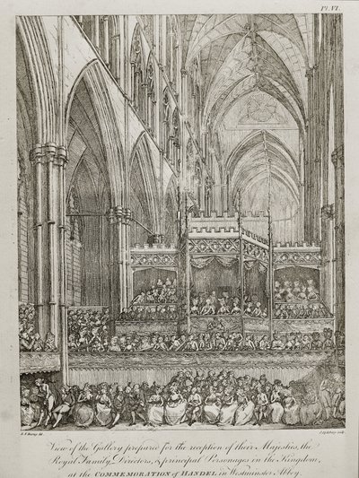konsert för att fira 25-årsdagen av George Frederick Handel (1685-1759) - Utsikt över galleriet förberedd för mottagandet av deras majestäter den kungliga familjen av John Spilsbury
