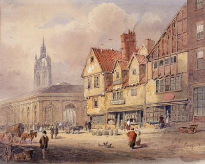 Gamla byggnader, Union Street och Corn Exchange innan stadshuset byggdes (kroppsfärg på papper) av John Storey