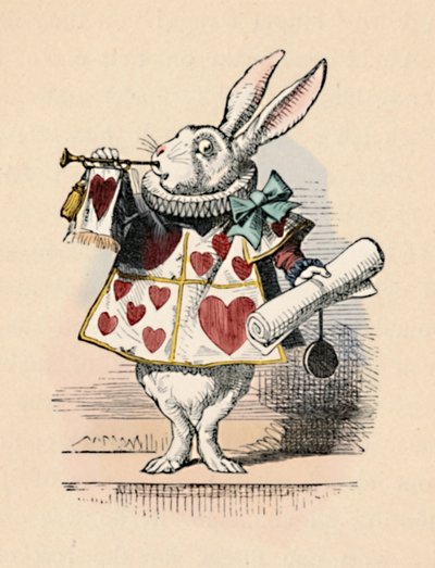 En kanin som hovtjänsteman blåser i trumpet för ett tillkännagivande, 1889 av John Tenniel