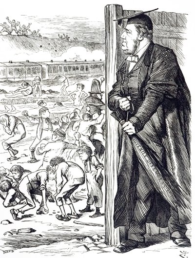 En tecknad serie som föreställer William Vernon Harcourt (1827-1904) som när inrikesministern rekommenderade införandet av björken istället för frihetsberövande för ungdomsbrottslingar. Illustrerad av John Tenniel (1820-1914), en engelsk illustratör, grafi av John Tenniel