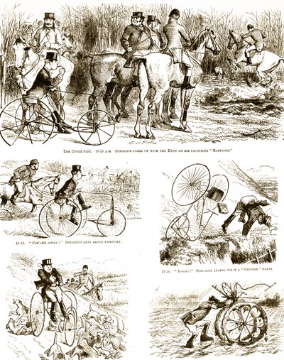 En tecknad film föreställer en man som jagar på en trehjuling. Illustrerad av John Tenniel (1820-1914), en engelsk illustratör, grafisk humorist och politisk serietecknare av John Tenniel