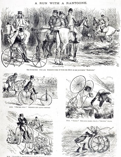 En tecknad film föreställer en man som jagar på en trehjuling. Illustrerad av John Tenniel (1820-1914), en engelsk illustratör, grafisk humorist och politisk serietecknare av John Tenniel
