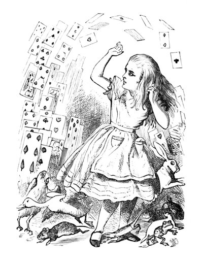 Ett paket kort flyger upp över Alice, 1889 av John Tenniel