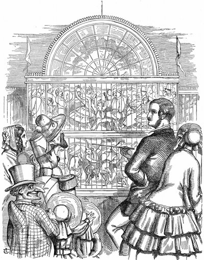 Albert, Prince Consort of Queen Victoria, visar upp Crystal Palace och den stora utställningen i Hyde Park, London. John Tenniel tecknad från Punch London 1851. Trästick av John Tenniel