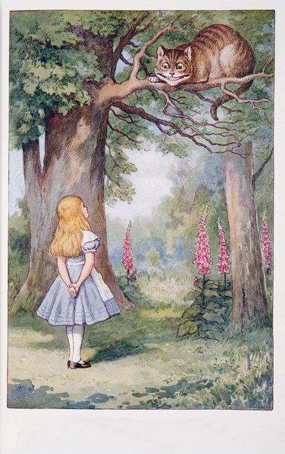 Alice and the Cheshire Cat, Alices Adventures In Wonderland And Through The Looking-Glass And What Alice Found There, by Lewis Carroll (1832 - 98), published 1911 (coloured lithograph) av John Tenniel
