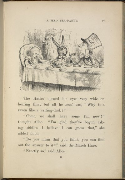 Alice på den galna hattmakarens tebjudning. av John Tenniel