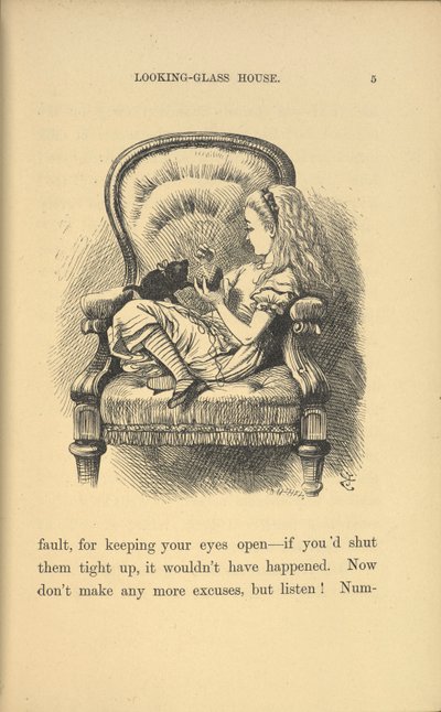 Alice sitter i en stol och leker med en kattunge. av John Tenniel