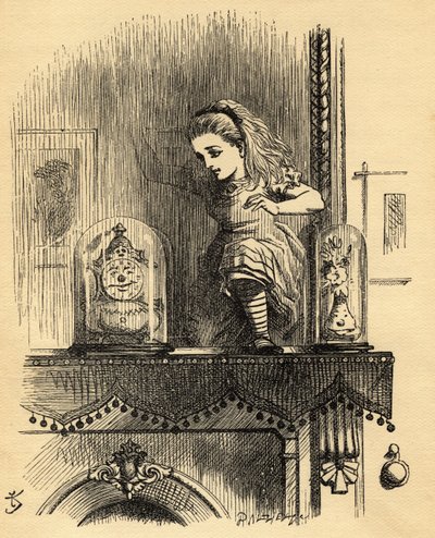 Alice in the Looking Glass House, illustration från "Through the Looking Glass" av Lewis Carroll (1832-98) publicerad först 1871 av John Tenniel