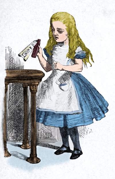 Alice tittar på flaskan med skylten drink me, 1889 av John Tenniel