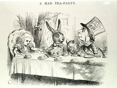 Alice tar Lewis Carrolls "" Alices äventyr i Underlandet och genom glasögonen", illustration av John Tenniel (1820-1914) av John Tenniel