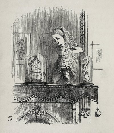 Alice korsar spegeln - I "" Alices äventyr i Underlandet och genom glasögonen"" av Lewis Carroll, illustration av John Tenniel (1820-1914) av John Tenniel