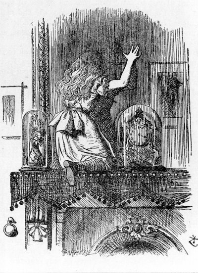 Alice korsar spegeln - i "Alices äventyr i Underlandet och genom glasögonen" av Lewis Carroll, illustration av John Tenniel (1820-1914) av John Tenniel