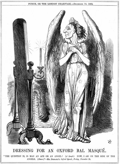 Benjamin Disraeli (1804-81) brittisk konservativ statsman. "Nu är jag på änglarnas sida". John Tenniel tecknad film från Punch, London av John Tenniel