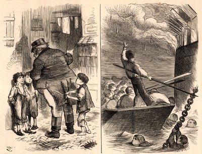 Bränning av Royal Navy utbildningsfartyg "Goliath" av John Tenniel