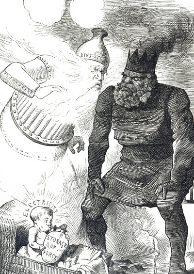 Tecknad film kommenterar elektricitetens barndom av John Tenniel