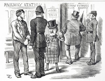 Tecknad serie som kommenterar vädjanden om att en blocksystemsignal ska göras obligatorisk på British Railways av John Tenniel
