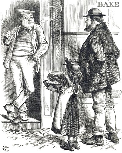 Tecknade kommentarer om de begränsade matlagningsmöjligheterna i fattiga hem där det ofta inte fanns någon ugn av John Tenniel