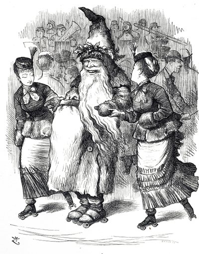 Tecknad film föreställande jultomtens rullskridskoåkning av John Tenniel
