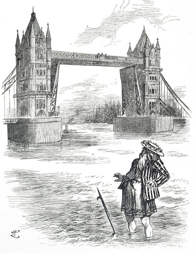 Tecknad film föreställande Fader Thames som beundrar Tower Bridge, London av John Tenniel
