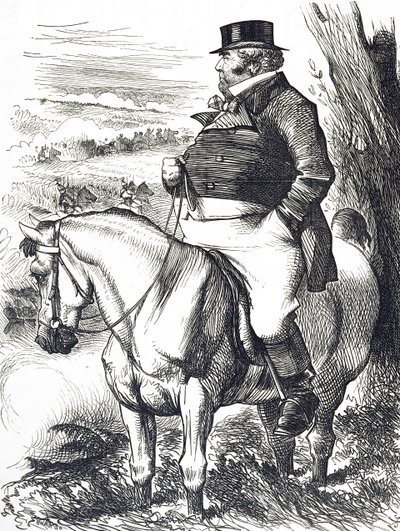 Tecknad film som visar John Bull som tittar på höstens manövrar av John Tenniel