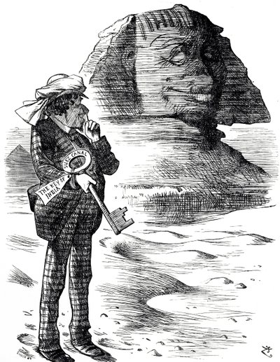 Tecknad serie som visar premiärminister Benjamin Disraeli som håller Suezkanalen som nyckeln till britternas besittning och inflytande i Indien av John Tenniel