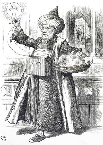 Tecknad film föreställande William Ewart Gladstone som Aladdin av John Tenniel