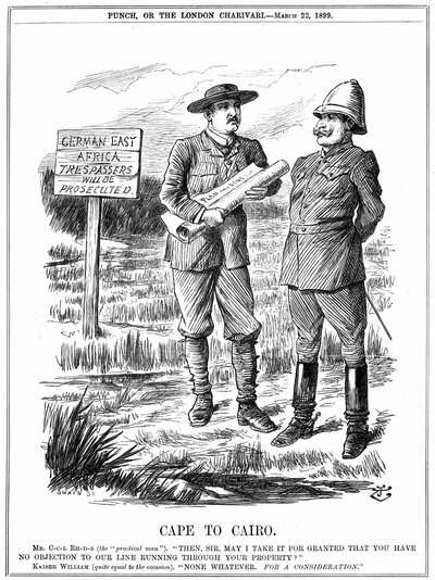Cecil John Rhodes (1852-1902) engelskfödd sydafrikansk statsman som ber den tyska kejsaren om tillåtelse att köra en telegraflinje genom tyska Östafrika. Cape To Cairo, tecknad av John Tenniel från 