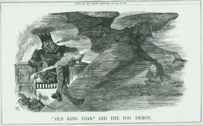 Effekter av att bränna Old King Coal på London. Dimman orsakade astma, bronkit, lunginflammation, lunginflammation, etc. John Tenniel tecknad film från Punch, London av John Tenniel