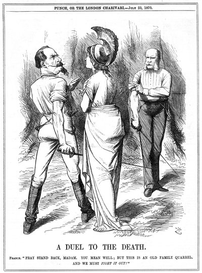 Fransk-preussiska kriget 1870-1871: Britannia försöker hålla tillbaka Napoleon III när han inleder krig med Tyskland. Fransk förklaring avlämnad till Berlin 19 juli, kungörelse 23 juli. John Tenniel tecknad från Punch, London, 23 juli 1870. Gravyr av John Tenniel