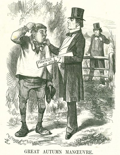 Stor höstmanöver: Gladstone trodde att rösten så småningom måste ges till jordbruksarbetare (Hodge). Vid den här tiden var hans premiärskap skakig och Disraeli väntar på att ta hans plats. John Tenniel tecknad från Punch, London, 9 augusti 1873. av John Tenniel