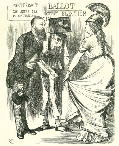 Hugh Childers (1827-1896) brittisk parlamentariker som berättar för Britannia om framgången med den nya valurnan. John Tenniel tecknad från 