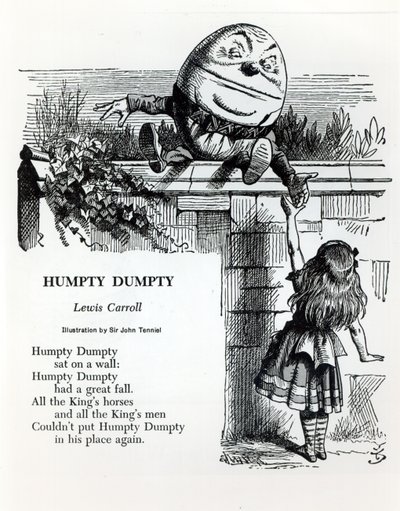 Humpty Dumpty, illustration till barnramsan av Lewis Carroll (1832-98) av John Tenniel