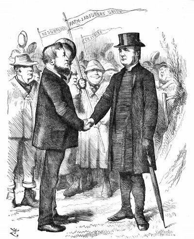 Joseph Arch (1826-1919) engelsk fackföreningsman, politiker och jordbruksarbetare. Grundare av National Union of Farm Labourers. Arch hälsar biskopen av Manchester som stödde unionen i ett brev till The Times. Tecknad John Tenniel från Punch London av John Tenniel