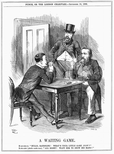 Lord Randolph Churchill (vänster) försöker få Charles Stewart Parnell, irländsk politiker, att visa sin hand och låta Churchill och Hartington veta hur han kommer att använda parnellitröster som han befaller i underhuset. Tecknad John Tenniel från Punch 18 av John Tenniel