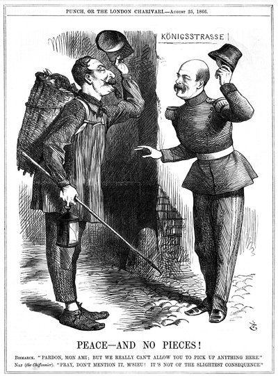 Napoleon III, fransk kejsare 1852-1870, klädd som en lumplockare (Chiffonnier), varnad av den preussiske förbundskanslern Otto von Bismarck. Napoleons territoriella ambitioner ledde till det fransk-preussiska kriget 1870-71. John Tenniel tecknad från Punch av John Tenniel