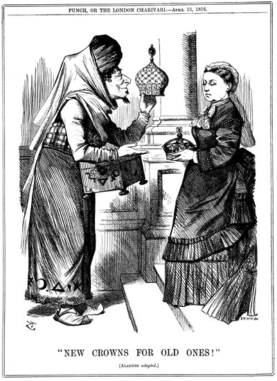 Nya kronor för gamla!, Benjamin Disraeli erbjuder Indiens krona till drottning Victoria, 1876 av John Tenniel