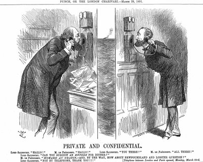 Öppnande av den anglo-franska telefonlinjen. Den brittiske premiärministern (Lord Salisbury) i samtal med Frankrikes president (Sadi Carnot). John Tenniel tecknad från Punch, London 28 mars 1891. Trästick. av John Tenniel