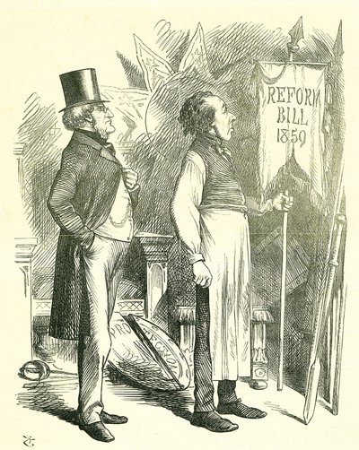 Politisk ekonomi: Reform av parlamentet - förlängning av franchisen. Disraeli (kansler) och Derby (premiärminister) dammar av reformpropositionen. 1867 presenterade Disraeli ett nytt lagförslag. John Tenniel tecknad film från Punch, London av John Tenniel