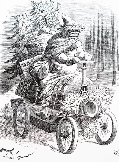 Tomten tävlar genom snön. Av John Tenniel (1820-1914), en engelsk illustratör, grafisk humorist och politisk serietecknare av John Tenniel