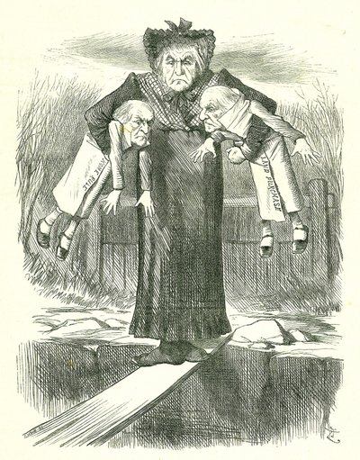 Sätt ner två och bär en.?: Gladstone, den brittiske premiärministern, i en dilemma över vilka av de kontroversiella irländska lagförslagen som ska kastas. John Tenniel tecknad från Punch, London, 3 april 1886. av John Tenniel